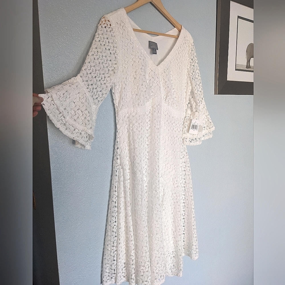 White crocheted bell sleeve midi dress. V-neck, boho, wedding, lace